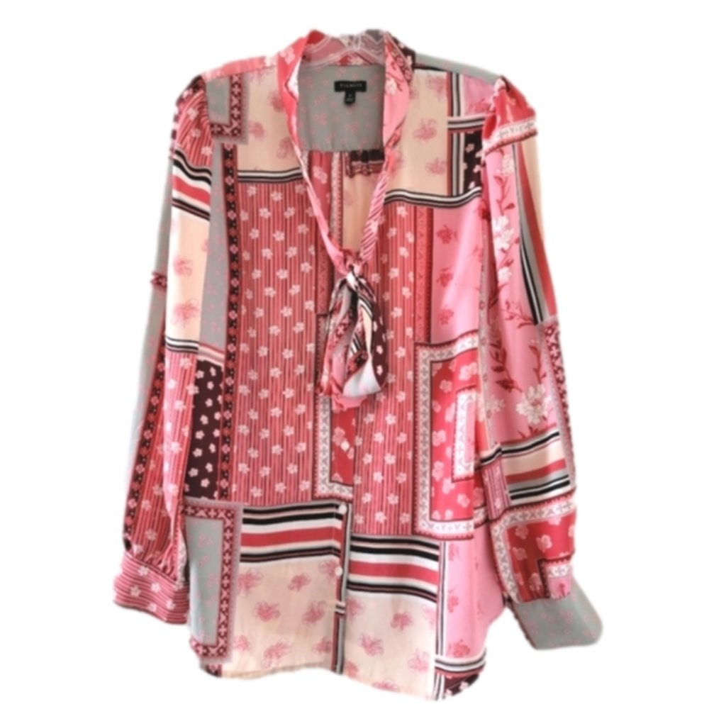 Talbots Patchwork Floral Bow Blouse - image 1